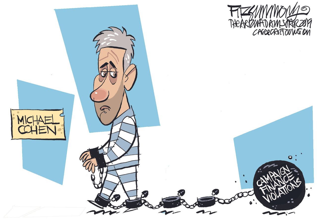 Political Cartoon U.S. Michael Cohen Trump campaign finance fraud charged jail