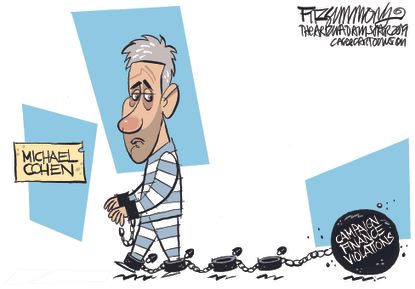 Political Cartoon U.S. Michael Cohen Trump campaign finance fraud charged jail