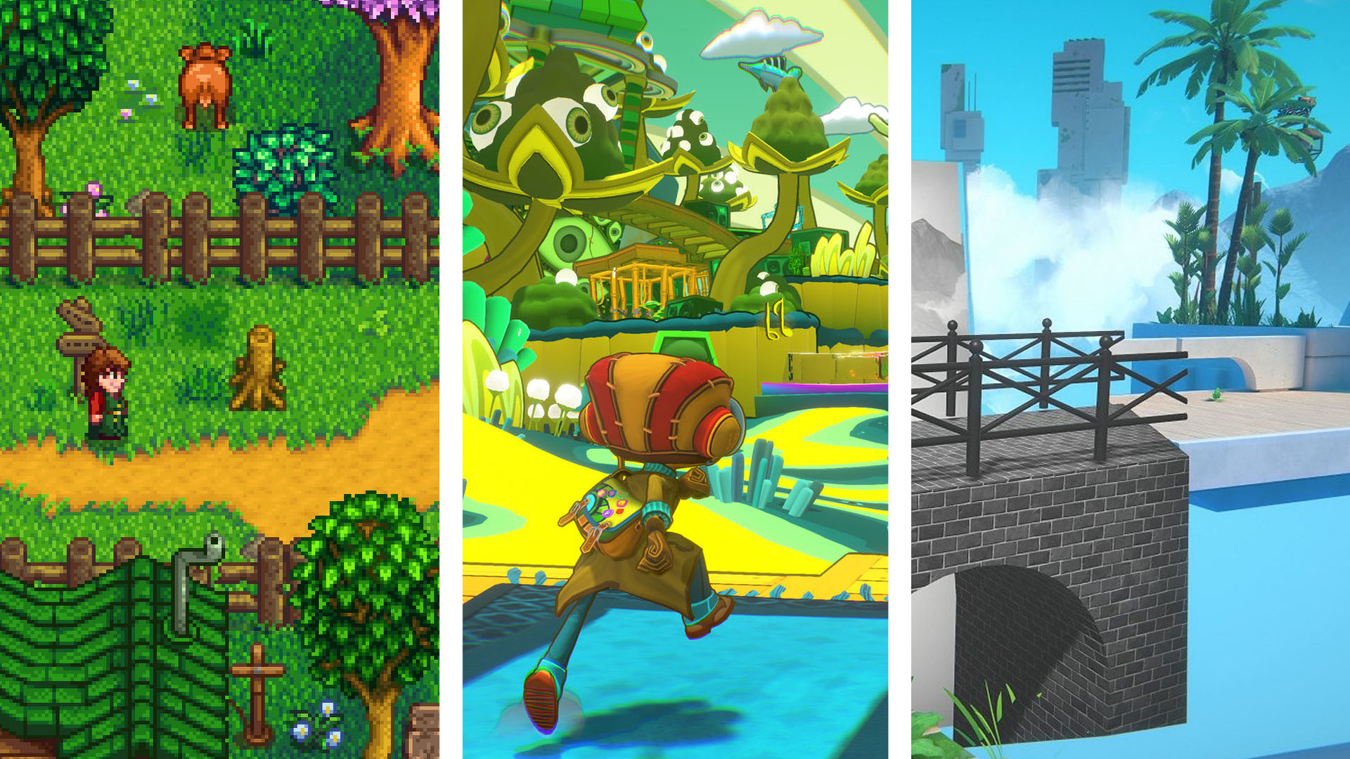 Screenshots from Stardew Valley, Psychonauts 2 and Viewfinder.