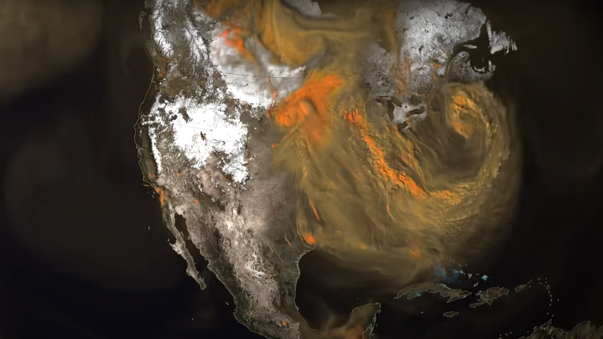 animation showing a view of the united states from space, with yellow and orange plumes emanating from various regions of the nation