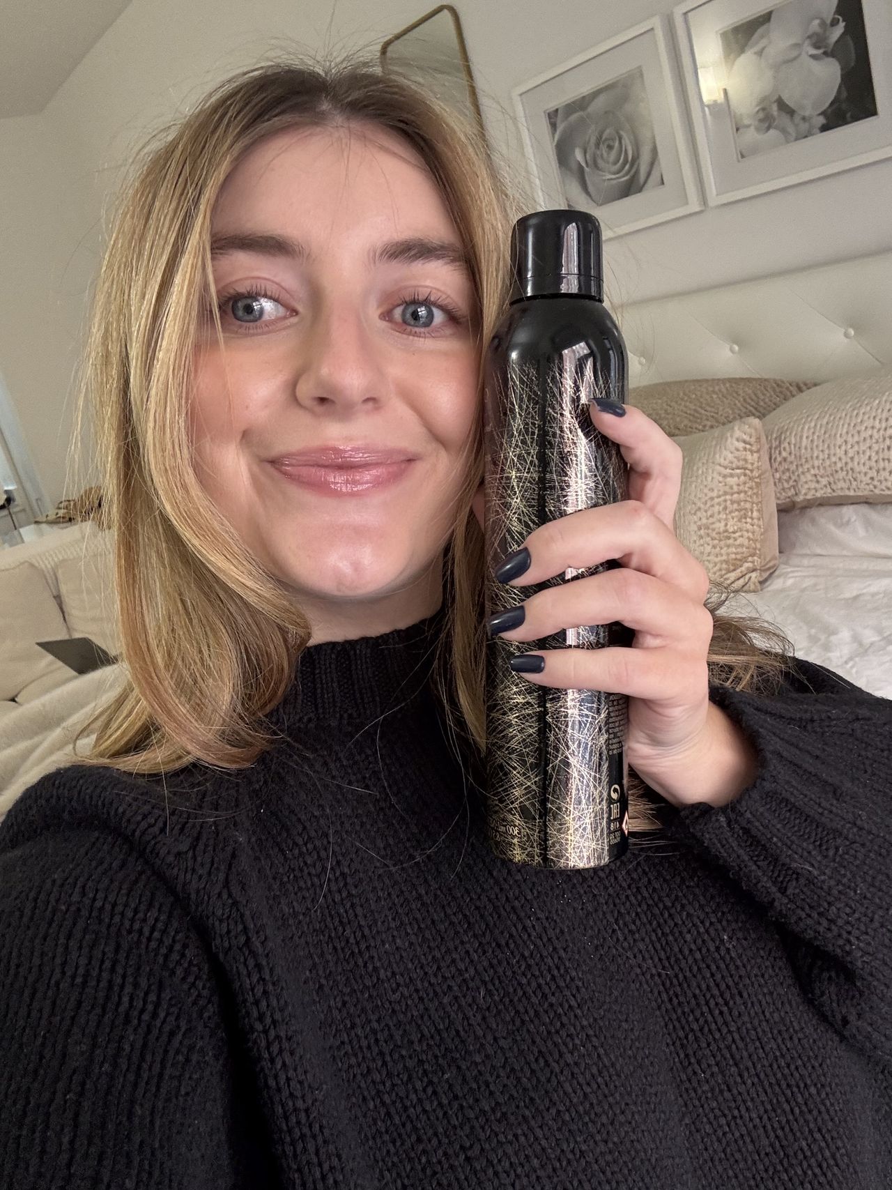 Samantha Holender before, during, and after testing Oribe's Dry Shampoo.