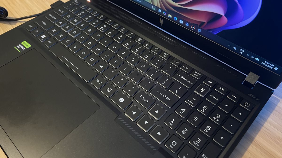 Top down view of keyboard and trackpad on Acer Nitro V 16 AI gaming laptop