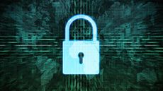 An abstract mock up of a blue padlock on a binary code background