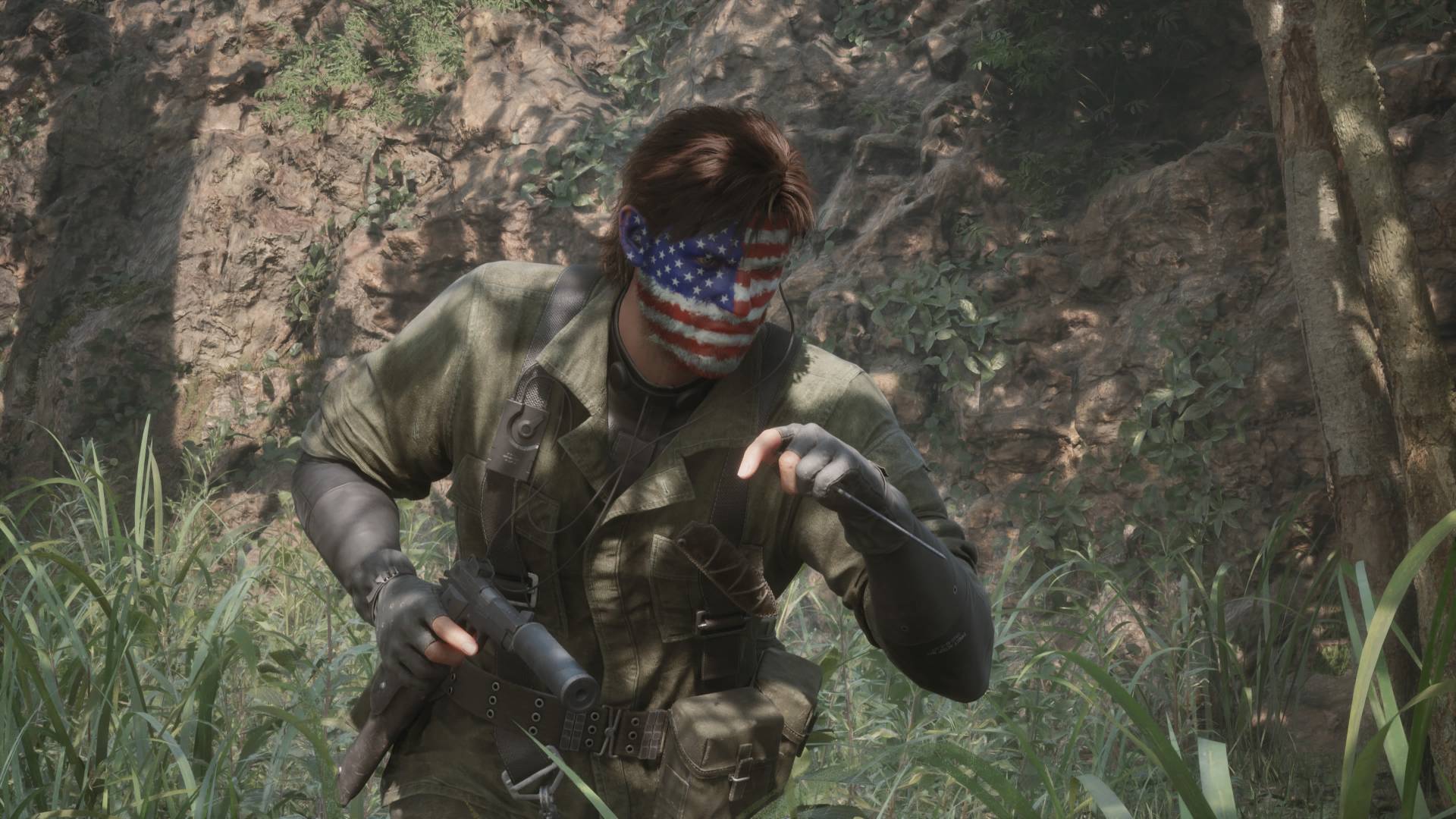 Metal Gear Solid Delta new game question Snake with USA flag face paint with knife ready