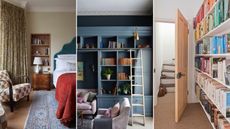 Three images showinf different book storage. A bedroom with a nich above the bedisde table / a blue built in bookcase over a sofa / A hallway with rainbow organized books