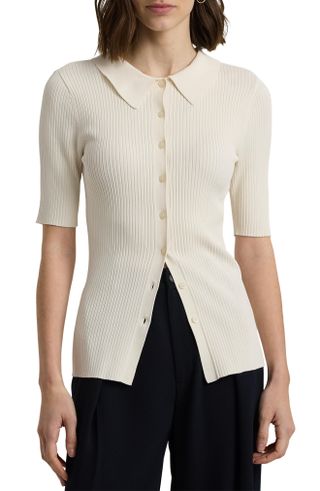 Lauren Ralph Lauren, Rib Knit Elbow Sleeve Polo Cardigan