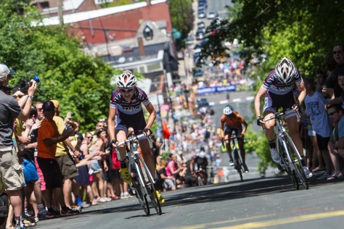 Claudia Hausler (TIBCO) and teammate Joanne Kiesanowski on the way to winning the final stage of the Nature Valley Grand Prix.