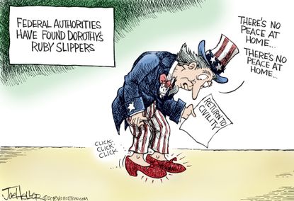 Political cartoon U.S. Wizard of Oz Dorothy slippers Uncle Sam civility