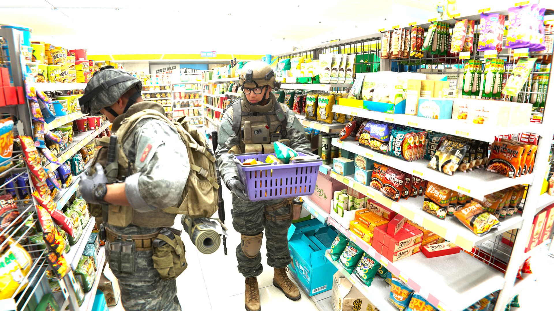 Two S. Korean soldiers shop in a brightly lit convenience store in Call of Duty: Modern Warfare 4.