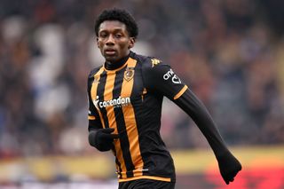 Jaden Philogene-Bidace of Hull City during the Sky Bet Championship match between Hull City and Leicester City at MKM Stadium on March 9, 2024 in Hull, England.(Photo by Daniel Chesterton/Offside/Offside via Getty Images)