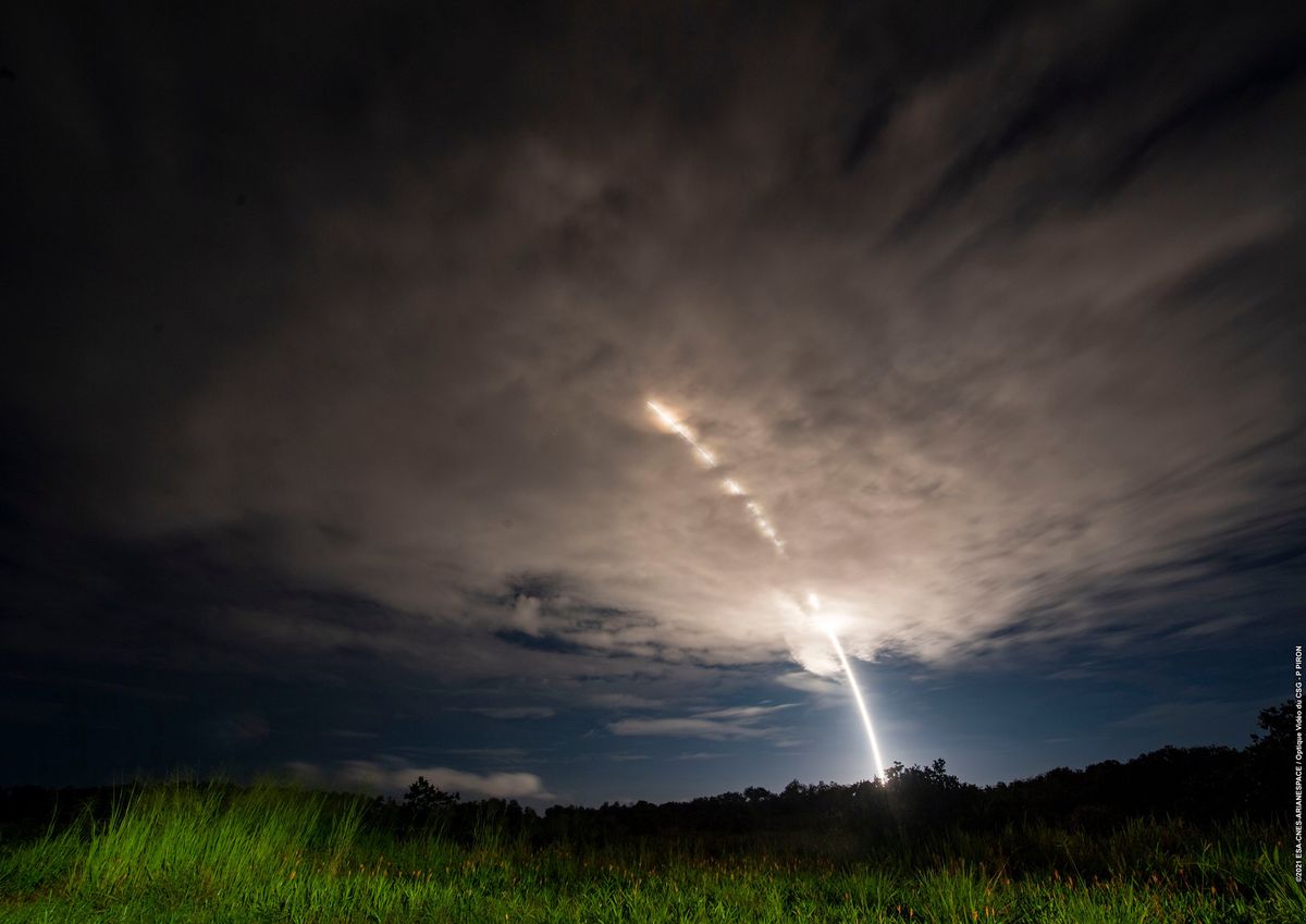 An Arianespace Soyuz rocket carrying two new Galileo navigation satellites launches into orbit from the Guiana Space Center in Kourou, French Guiana on Dec. 4, 2021.