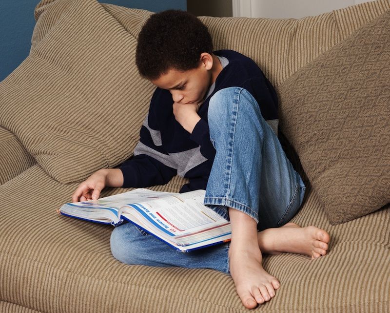 A boy reads a textbook at home.