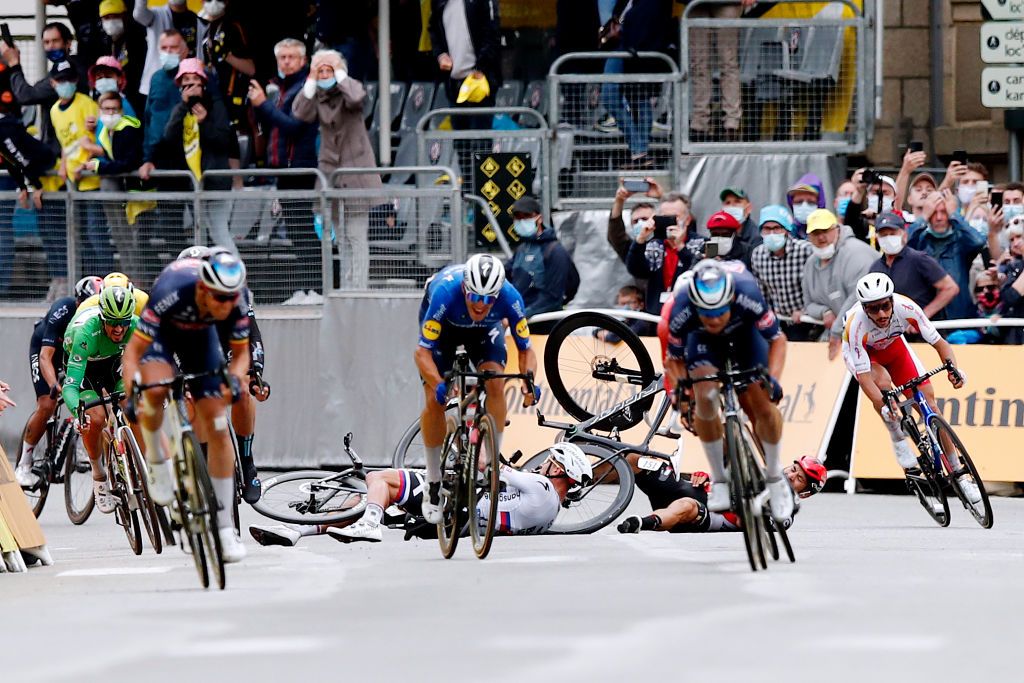PONTIVY FRANCE JUNE 28 Peter Sagan of Slovakia and Team BORA Hansgrohe Caleb Ewan of Australia and Team Lotto Soudal involved in a crash at arrival during the 108th Tour de France 2021 Stage 3 a 1829km stage from Lorient to Pontivy LeTour TDF2021 on June 28 2021 in Pontivy France Photo by Benoit Tessier PoolGetty Images