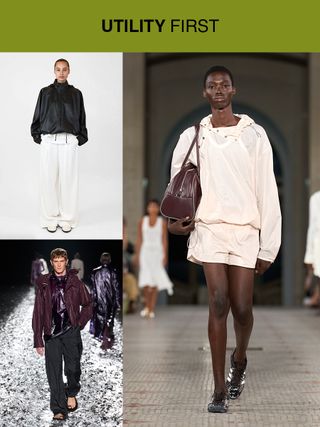 A collage highlighting the "Utility First" trend at the men's spring summer 2025 shows, with images from The Row, Wales Bonner, and Dries Van Noten.