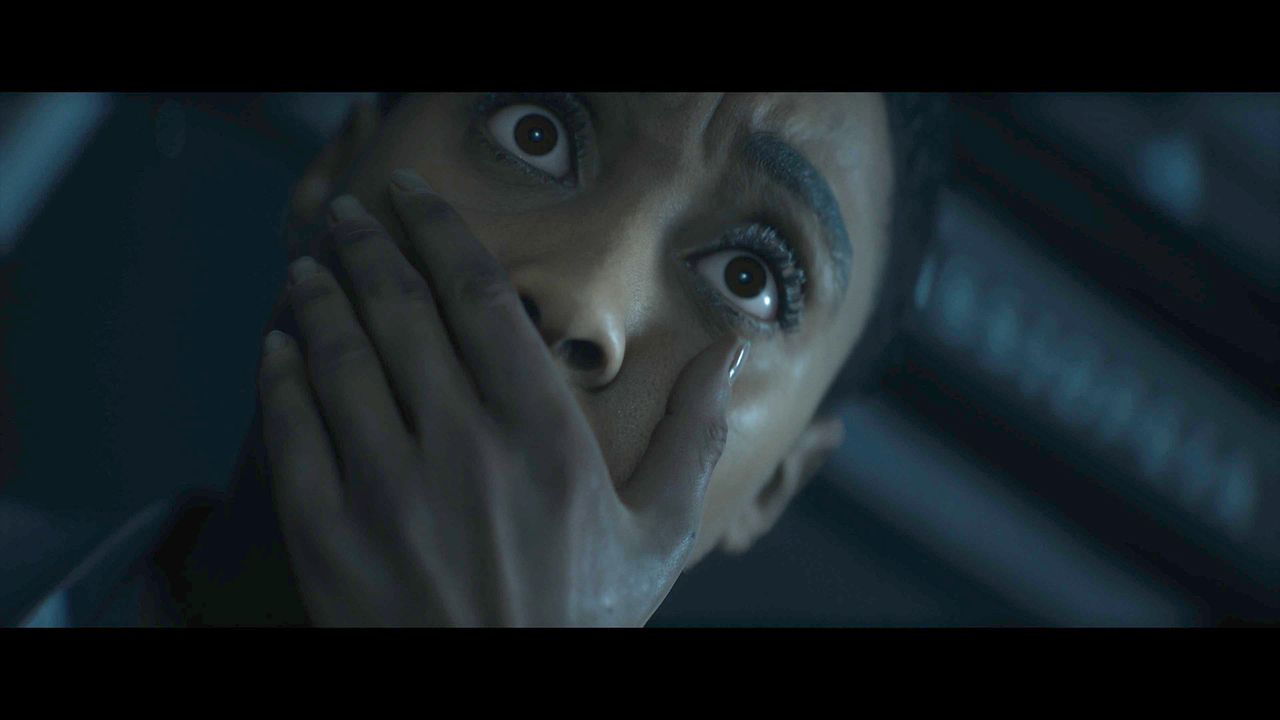 Screens from video game Directive 8020, people in a crashed space ship
