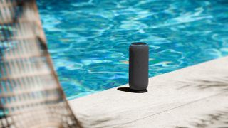 Motorola Moto Sound Flow wireless speaker next to a swimming pool