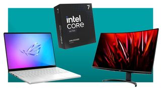 An Asus laptop, Intel CPU box, and Acer monitor on a blue background