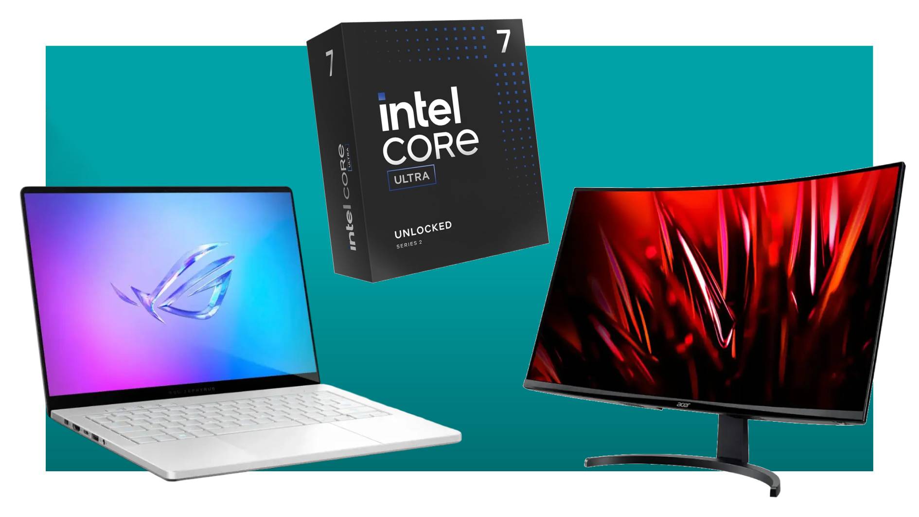 An Asus laptop, Intel CPU box, and Acer monitor on a blue background