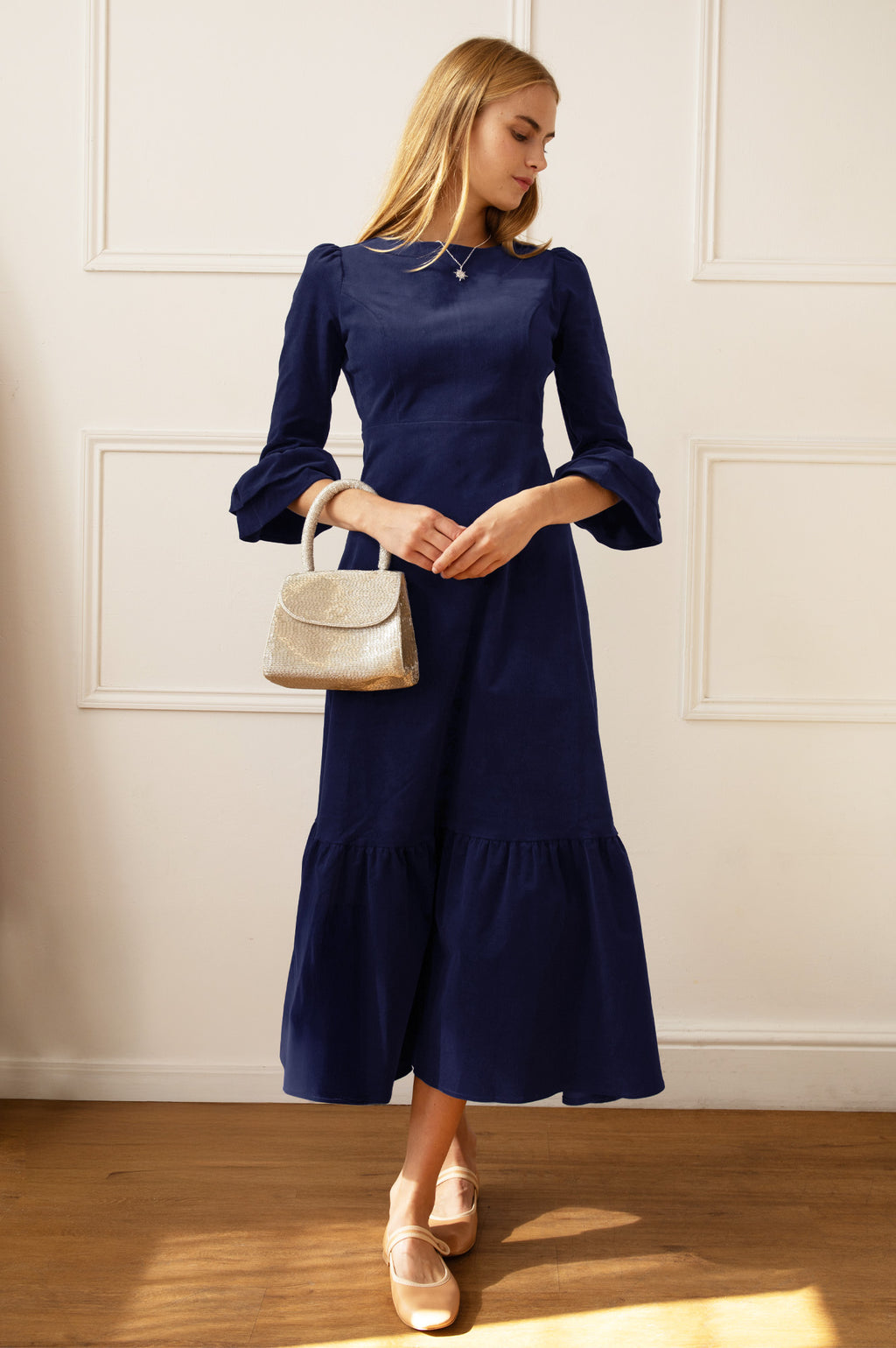 Victoria Round Neck 3/4 Sleeve Stretch Corduroy Dress | Atlantic Blue