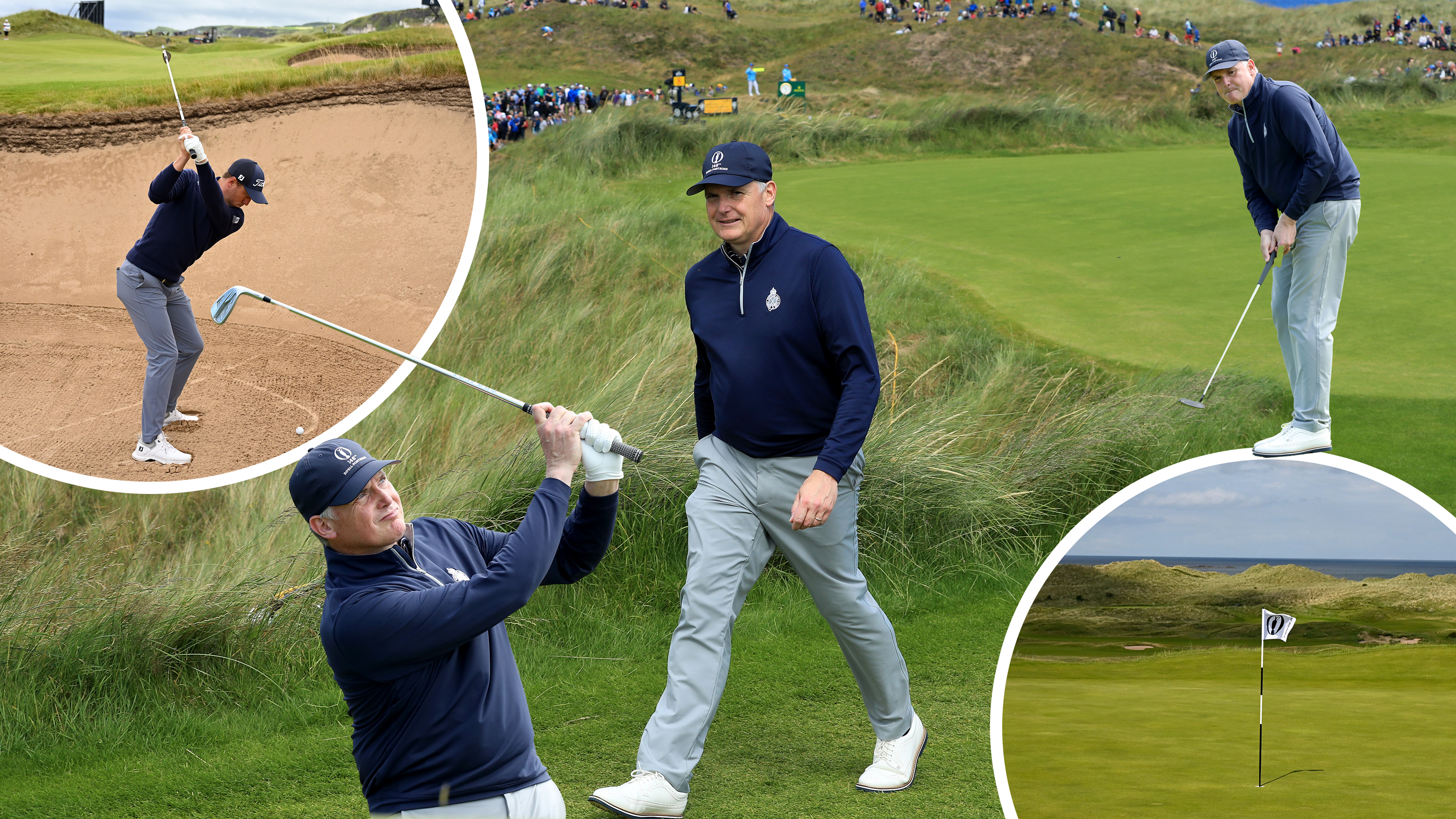Royal Portrush head professional Gary McNeill walking the course at the 148th Open Championship, with two inset images of Gary hitting a putt and an iron shot as a marker at the 2019 Open, with two circled images of Justin Thomas hitting a bunker shot at the 153rd Open Championship and the 16th green at Royal Portrush with the Open flag in the hole