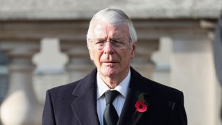 Former British Prime Minister John Major during the National Service of Remembrance at The Cenotaph on November 08, 2020 in London, England