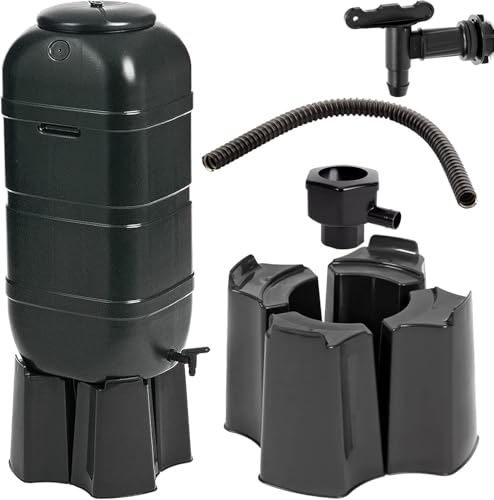 Edena 100l Slim Space Saver Water Butt With Tap, Lid &amp;amp; Stand &amp;ndash; Rainwater Collection Barrel for Garden, Outdoor Water Storage Tank, Compact Slimline Water Butt Kit, Black