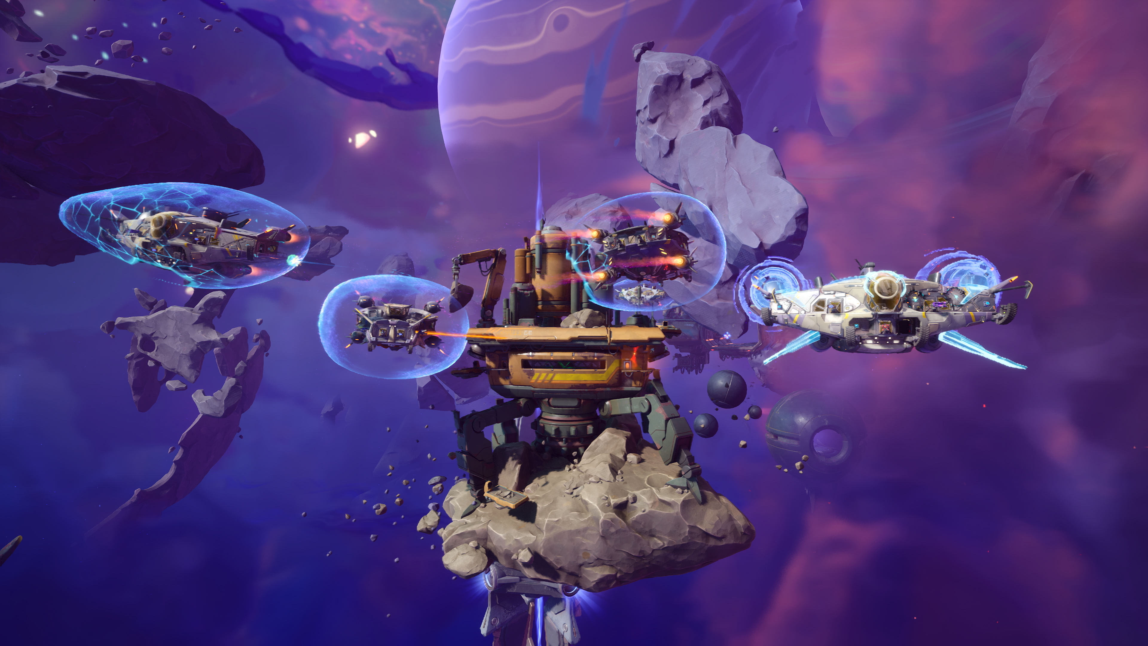 A promotional screenshot of Wildgate. A battalion of ships races towards an asteroid in space.