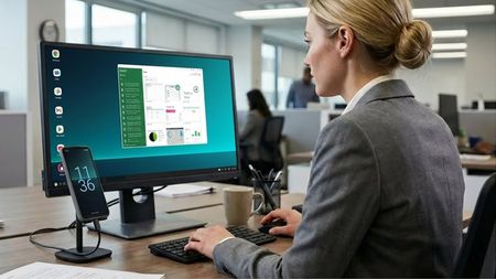 NexPhone shown on a desk connected to a monitor