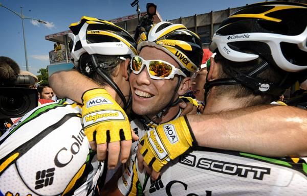 Cavenish celebrates with his Columbia-HTC teammates after his victory on stage two.
