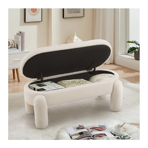 Inmozata Teddy Window Seat With Storage Upholstered Storage Bench Stool End of Bed Bench Storage Ottoman Bench Boucle Bench for Living Room Bedroom Hallway(white)
