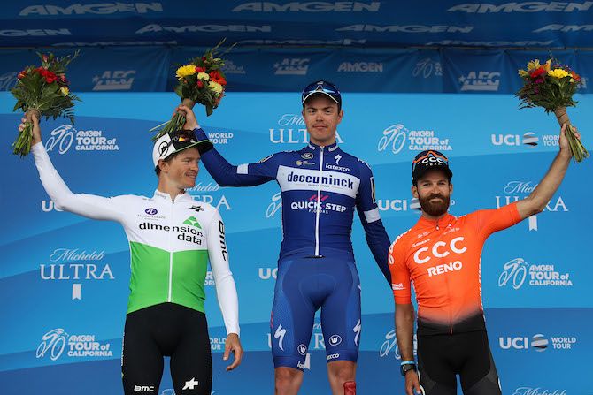 Deceuninck-QuickStep's Remi Cavagna tops the podium after winning stage 3 of the 2019 Tour of California, with Dimension Data's Ben King second, and CCC Team's Simon Geschke in third