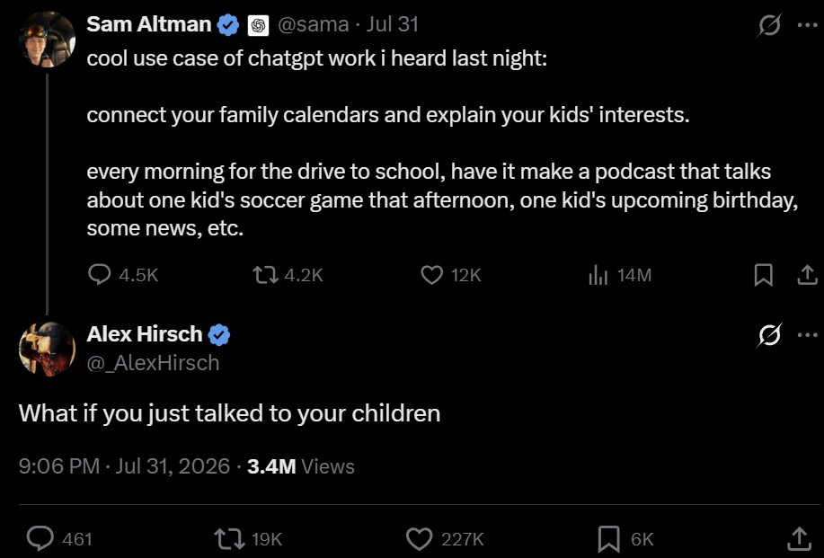 Sam Altman gets ratioed for telling parents to make podcasts for their kids instead of talking to them