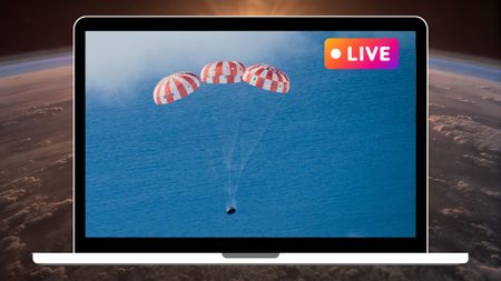 laptop graphic showing the landing of an orion space capsule with red and white striped parachutes, it is heading for the ocean, during artemis 1 mission. A similar scene will play out today April 10 with return of Artemis 2.
