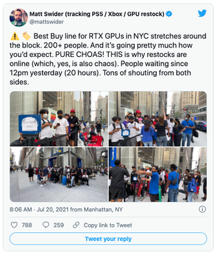 PS5 restock tweet by Matt Swider about Best Buy lines in New York City