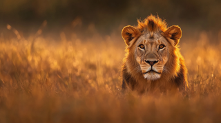 A portrait of a lion in the Serengeti, shot with a 50mm lens at golden hour. The focus is sharp on the lion’s eyes, with a shallow depth of field that blurs the tall grasses in the background. The light highlights the lion’s mane, creating a warm, glowing effect.