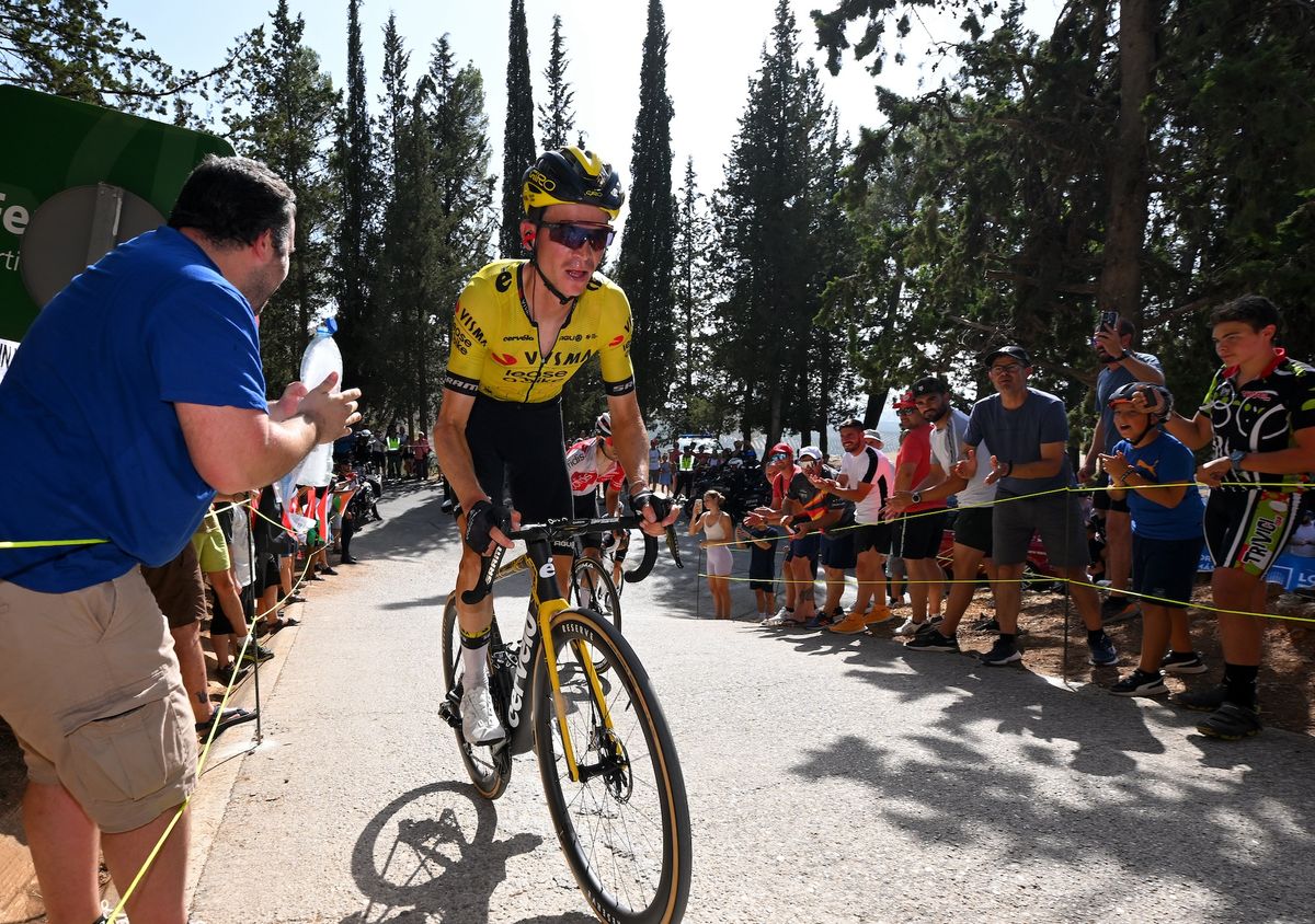 CAZORLA, SPAIN - AUGUST 24: Sepp Kuss of The United States and Team Visma | Lease a Bike competes during the La Vuelta - 79th Tour of Spain 2024, Stage 8 a159km stage from Ubeda to Cazorla 1056m / #UCIWT / on August 24, 2024 in Cazorla, Spain. (Photo by Tim de Waele/Getty Images)