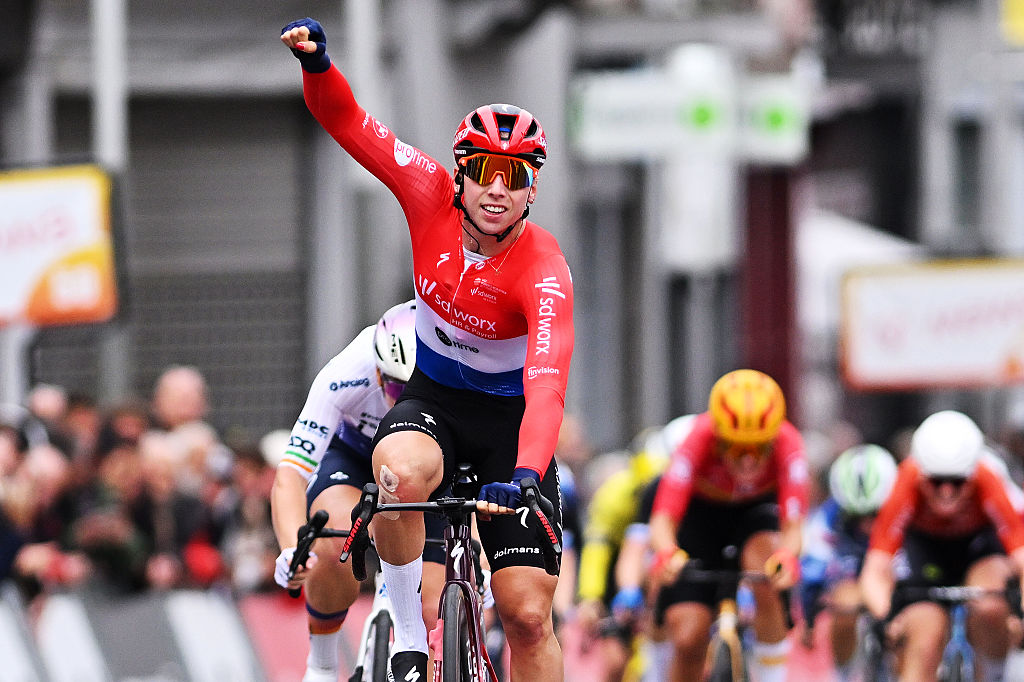 CHIMAY, BELGIUM - OCTOBER 07: Lorena Wiebes of Netherlands and Team SD Worx - Protime celebrates at finish line as race winner during the 5th Binche Chimay Binche pour Dames 2025 a 121.4km one day race from Chimay to Binche on October 07, 2025 in Chimay, Belgium. (Photo by Luc Claessen/Getty Images)