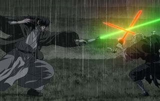 A still from "Star Wars Visions: Volume 2" depicting two lightsaber-wielding robed characters engaged in combat.