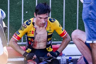 Slovenian Primoz Roglic of JumboVisma sits injured at the finish line of stage 16 of the 2022 edition of the Vuelta a Espana