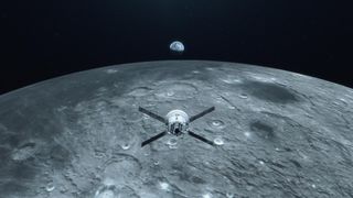 a cone-shaped spacecraft flies over the moon as Earth can be seen in the distance