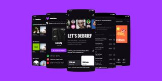 Various Deezer phone screens, on a purple background