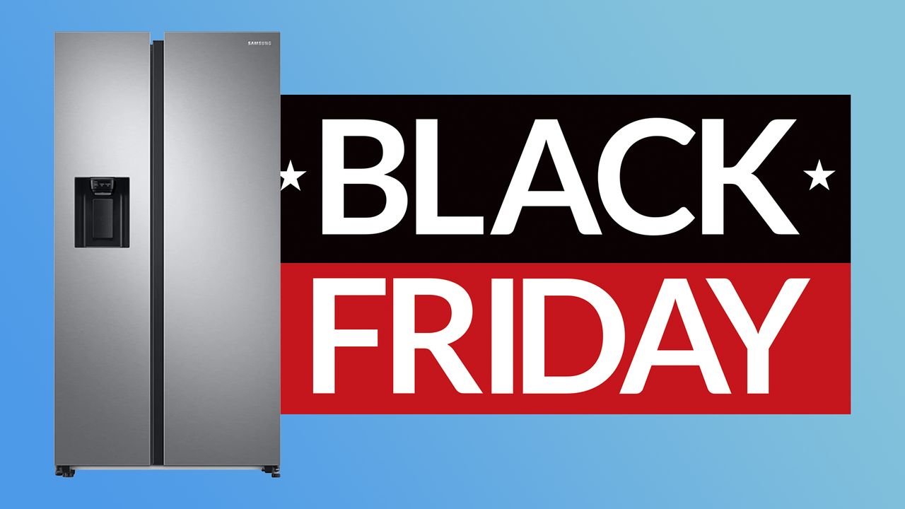 Samsung RS8000 fridge freezer on Blue background with sign saying Black Friday