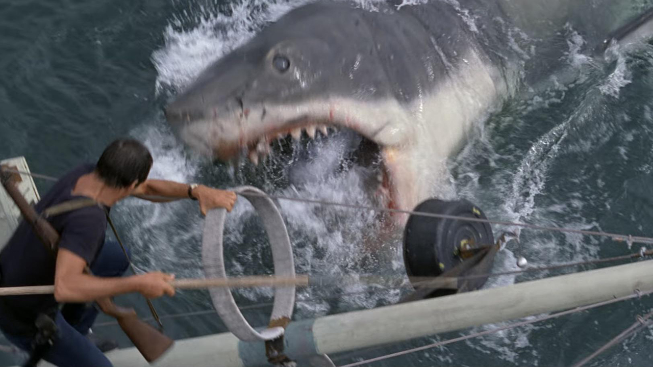 Standbild aus dem Film Jaws.  Hier sehen wir einen riesigen Weißen Hai, der die Wellen durchbricht, um ein Boot anzugreifen.  Ein Mann mit einer Schrotflinte auf dem Rücken klettert auf den Mast des Bootes, um sich in Sicherheit zu bringen.