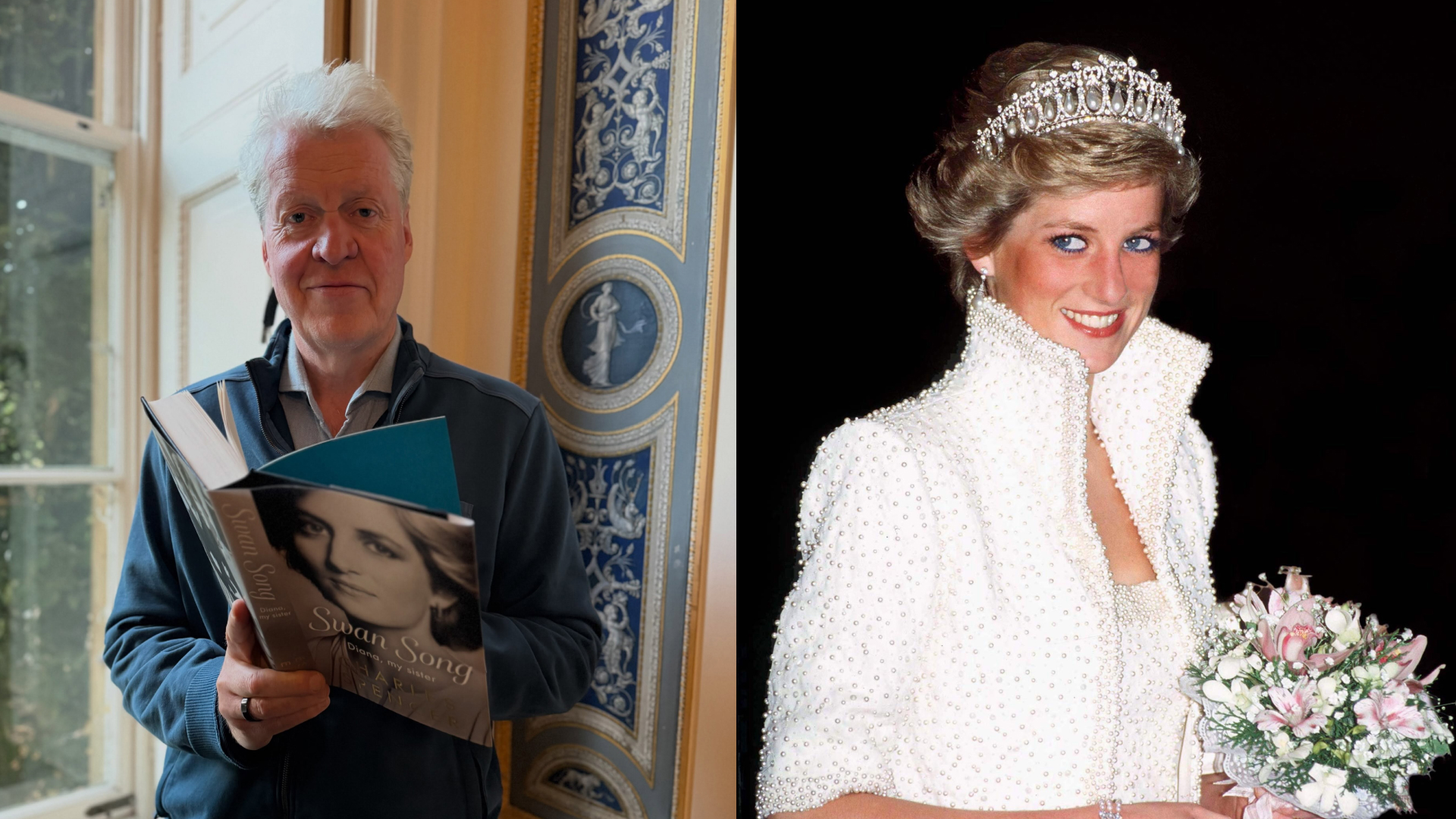 A split image of Earl Spencer holding Swan Song and Princess Diana in her white Elvis dress and a tiara