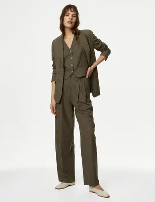 M&S Collection, Pinstripe Pleat Front Wide Leg Trousers 