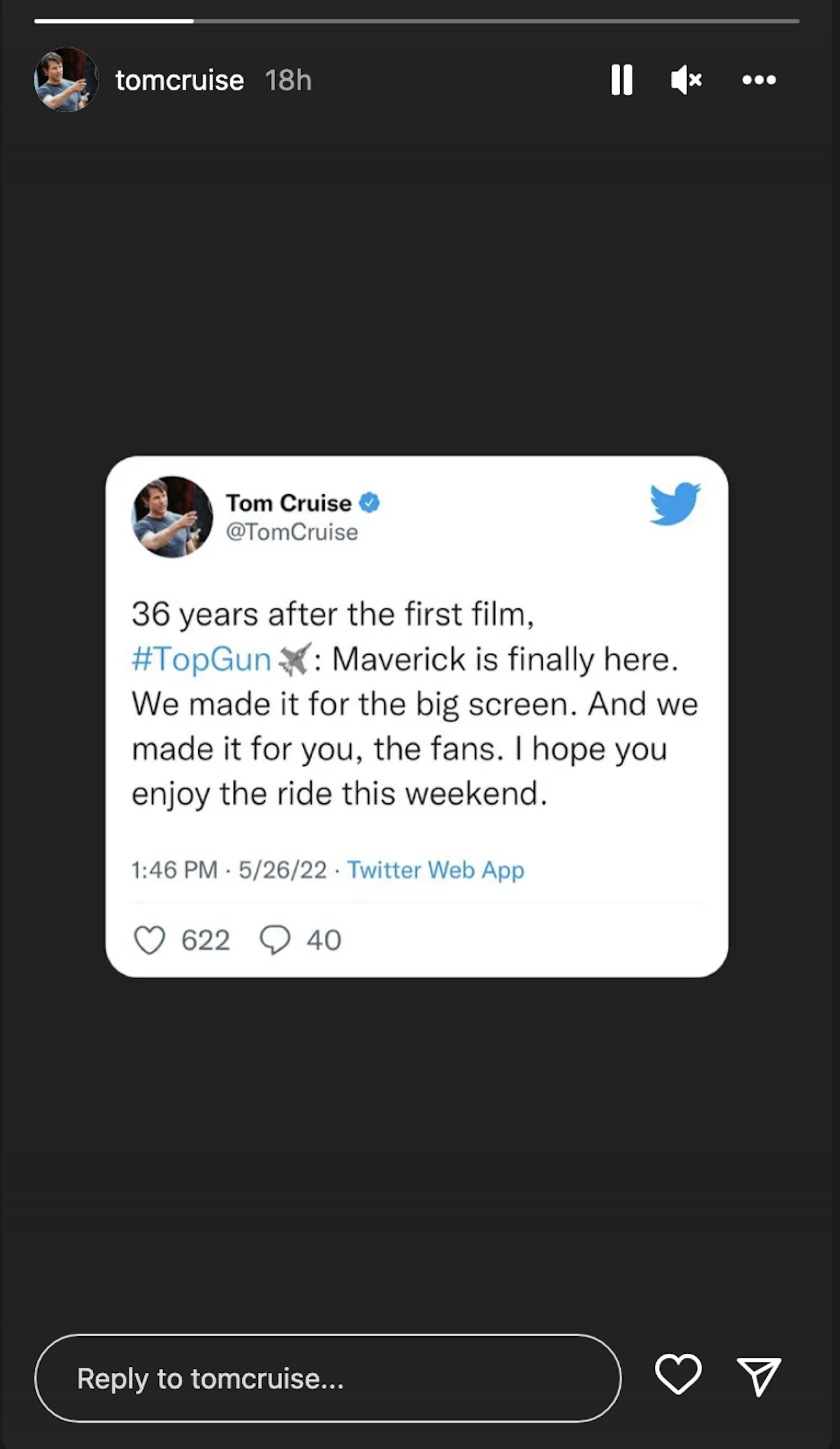 Tom Cruise's fan message from his Instagram Stories
