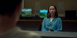 erin doherty as Briony Ariston in Adolescence wearing a blue shirt in the investigation room