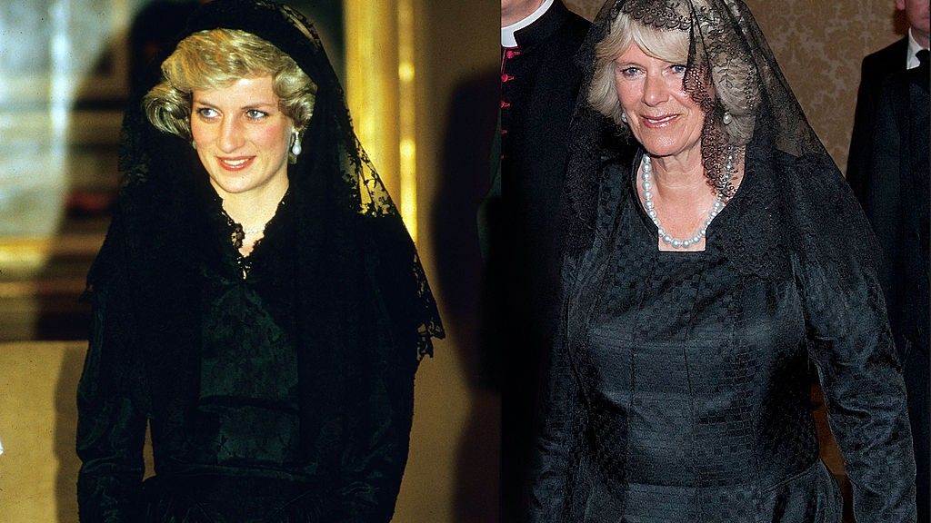  In this photo composite image a comparison is made between (left) Diana, Princess of Wales as she arrives at the Vatican to meet Pope Paul II in April 1985 and (right) Camilla, Duchess of Cornwall meeting Pope Benedict XVI at St. Peter&#039;s Basilica on April 27, 2009 in Vatican City, the Vatican. 