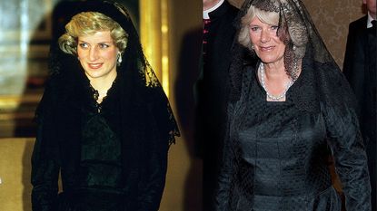  In this photo composite image a comparison is made between (left) Diana, Princess of Wales as she arrives at the Vatican to meet Pope Paul II in April 1985 and (right) Camilla, Duchess of Cornwall meeting Pope Benedict XVI at St. Peter's Basilica on April 27, 2009 in Vatican City, the Vatican. 
