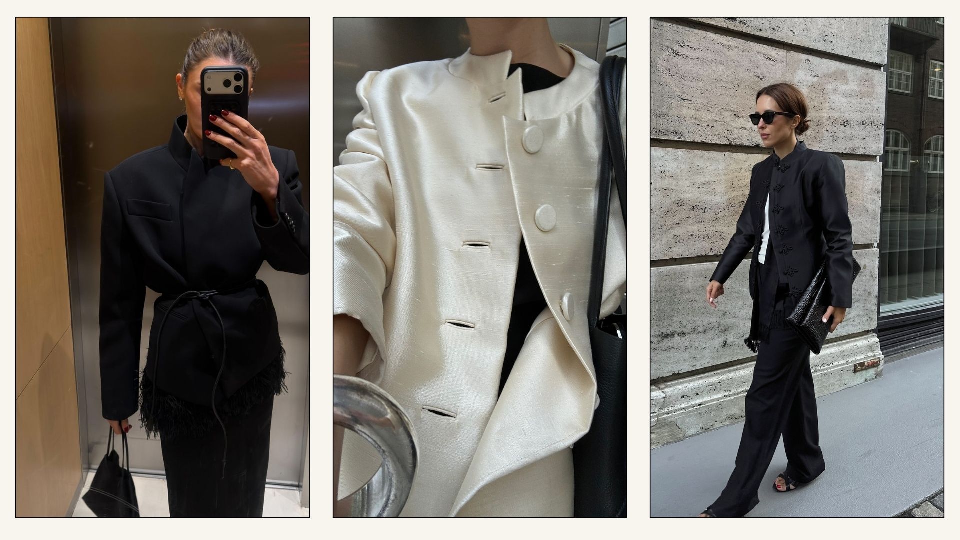 Collage of influencers wearing high-neck blazers with skirts and trousers.